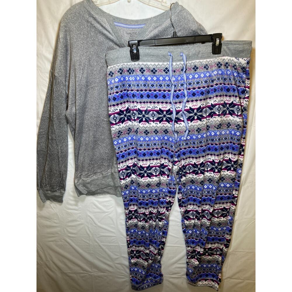 Nautica Women's 2-Piece Fleece Fabric Pajama Set, Gray/Blue, Size XL